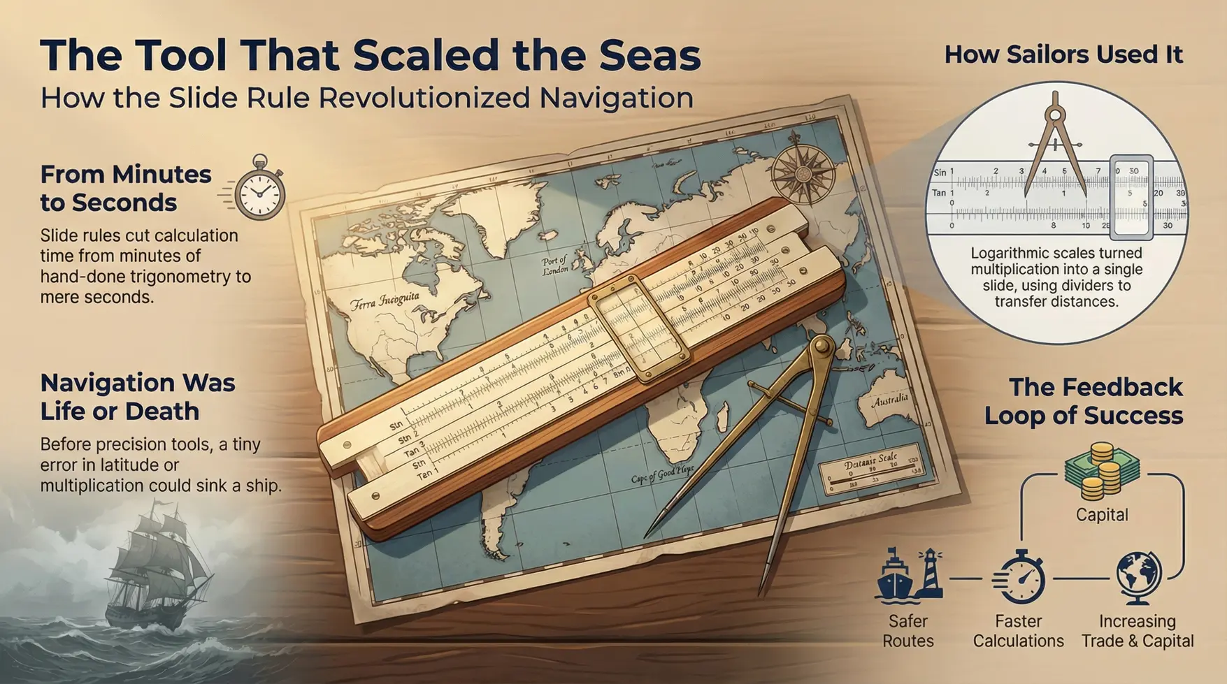 Early maritime slide rule beside a navigation chart