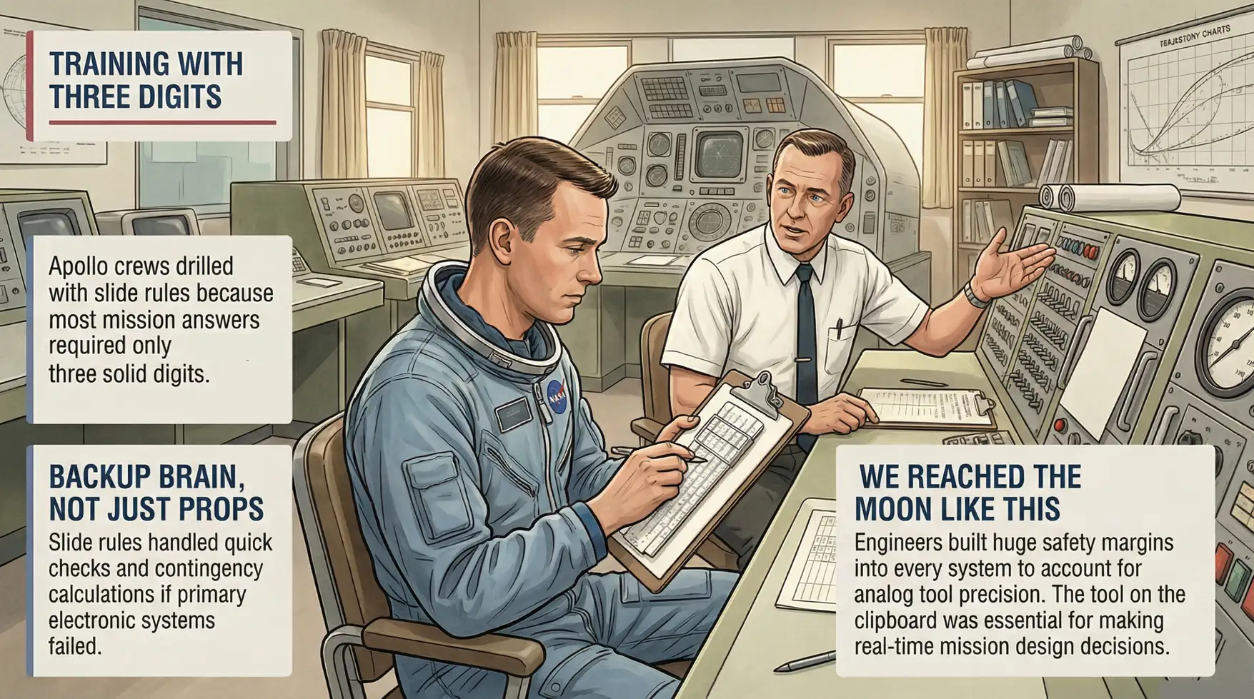 Astronaut training with slide rule